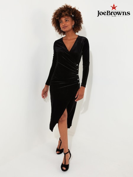 Joe Browns Black Velour Long-Sleeved Wrap Dress with Flattering Side Ruching (AW3487) | 161 QAR