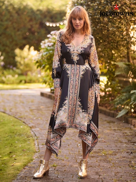 Joe Browns Black Silky Border Print Handkerchief Hem V-Neck Maxi Dress (AW3504) | 173 QAR