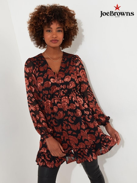 Joe Browns Orange Burnt Floral V-Neck Long Sleeve Tunic Dress with Elasticated Waist (AW3528) | €43