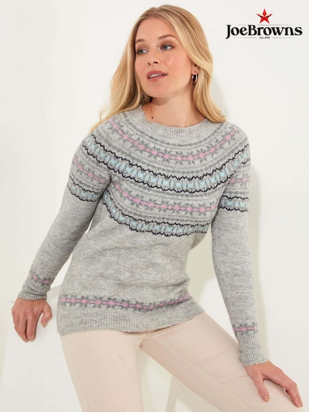 Joe Browns Grey Supersoft Fairisle Pattern Crew Neck Jumper with Ribbed Detail (AW3530) | €31