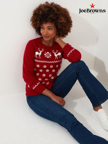 Joe Browns Red Retro Festive Reindeer Scalloped Edge Christmas Jumper (AW3545) | €33