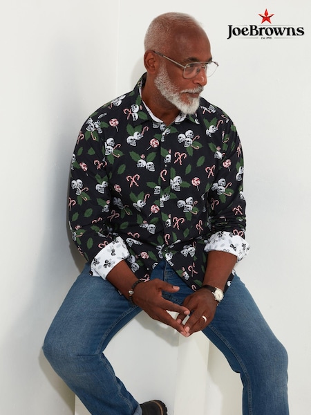 Joe Browns Black Grungy Festive Skull and Candy Cane Print Long Sleeve 100% Cotton Shirt (AW3549) | €30