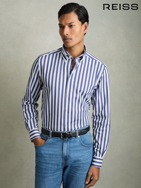 Reiss Blue Stripe Tobin Striped Jersey Button-Down Shirt With Cotton (AW3601) | €167
