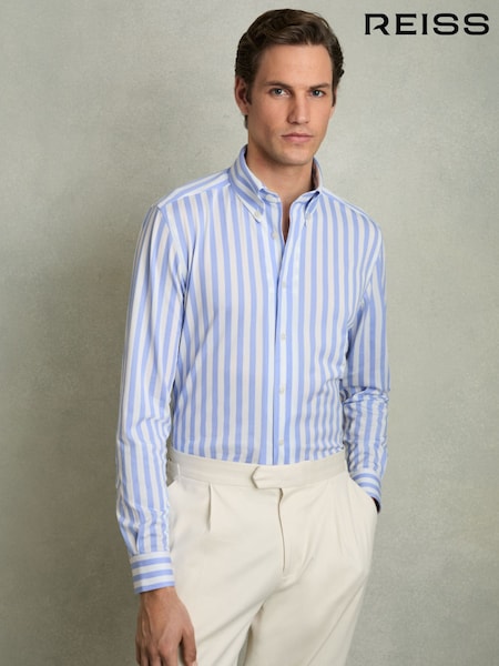 Reiss Pale Blue Stripe Tobin Striped Jersey Button-Down Shirt With Cotton (AW3614) | €167