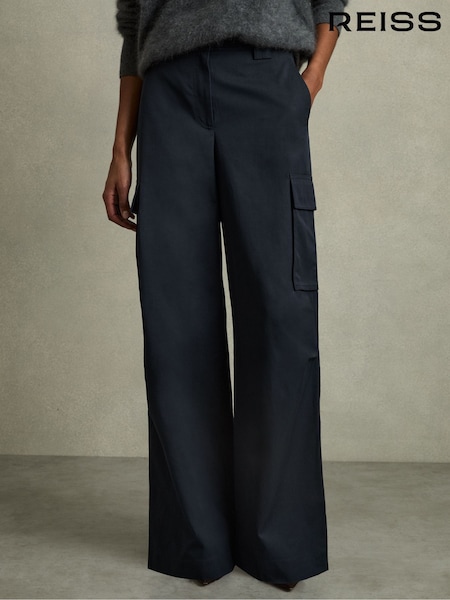 Reiss Navy Ava Petite Cotton-Tencel Wide-Leg Combat Trousers (AW3616) | €114