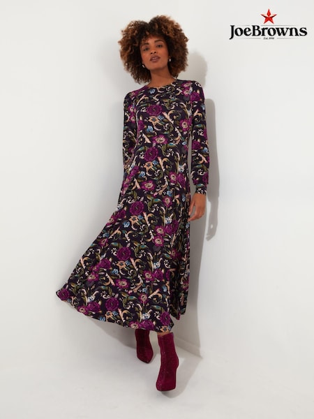 Joe Browns Dark Purple Petite Winter Floral Pleated Skirt Puff Sleeve Midi Jersey Dress (AW3719) | €38