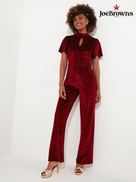 Joe Browns Red Petite Sparkle Velour Flutter Sleeve Wide Leg Jumpsuit (AW3722) | 198 QAR