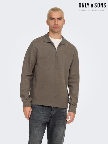 Only & Sons Khaki Green Long Sleeve Half Zip Polo Shirt (AW3750) | €20