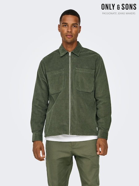 Only & Sons Khaki Green Zip Corduroy 100% Cotton Overshirt (AW3763) | R$ 495