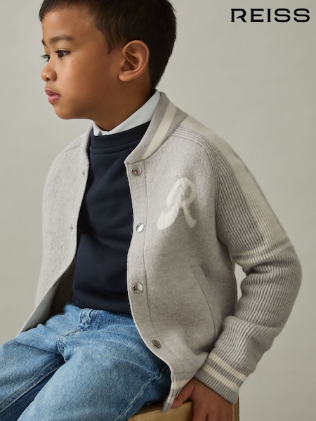Reiss Grey/White Yates 9-13 yrs Logo-Intarsia Bomber Jacket (AW3954) | AED418