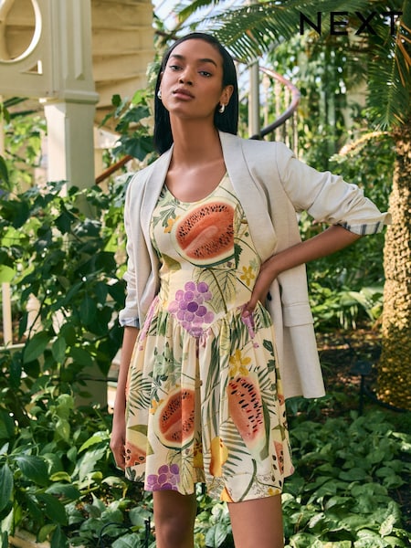 Kew Collection Fruit Print Sleeveless Scoop Neck Waisted Mini Dress with Linen (AW4001) | €47