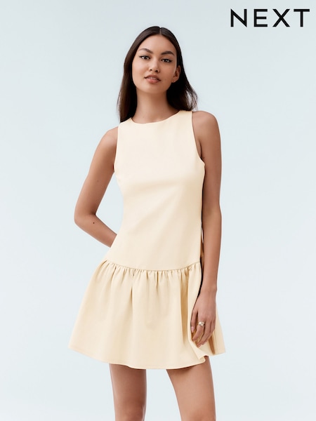 Pastel Yellow Sleeveless Jersey Drop Waist Mini Dress (AW4008) | €38