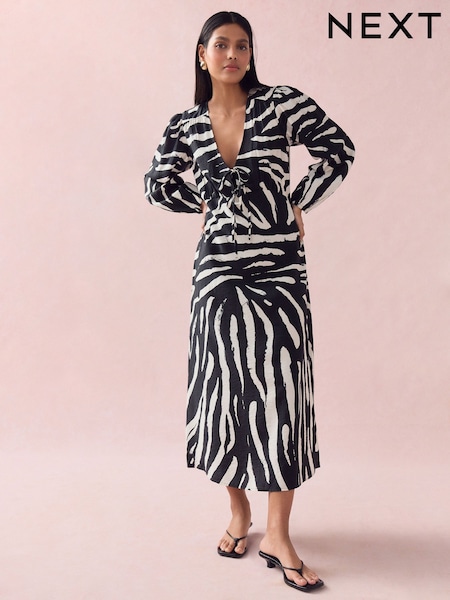 Black/White Zebra Print Long Sleeve Tie Front Midi Dress (AW4009) | €48