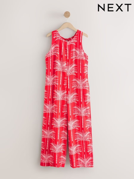 Red & White Palm Print Linen Sleeveless Jumpsuit (AW4011) | 189 QAR
