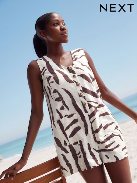 Chocolate Brown Zebra Print - 100% Cotton V-Neck Button Down Playsuit (AW4014) | 33 €