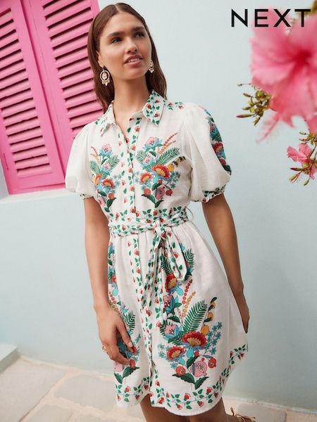 White Floral Print Placement Puff Sleeve Tie Waist Mini Shirt Dress (AW4015) | €49