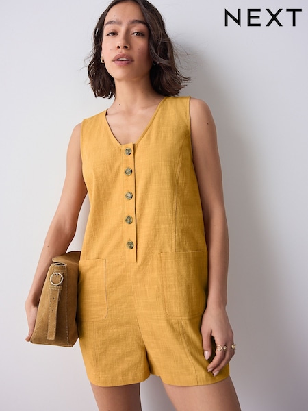 Amarillo ocre - 100% Cotton V-Neck Button Down Playsuit (AW4018) | 29 €