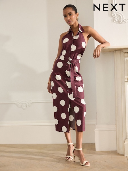 Burgundy/White Spot - Halterneck Collar Midi Shirt Linen Blend Dress (AW4020) | €81