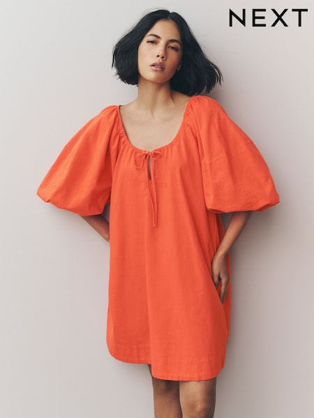 Bright Orange 100% Cotton Puff Sleeve Tie Front Mini Dress (AW4025) | €31