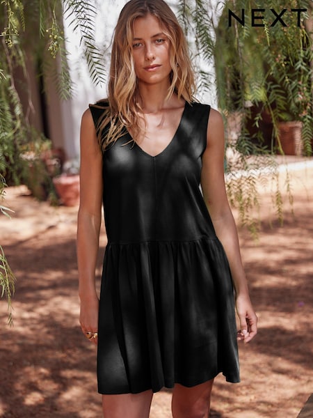 Negru - 100% Rochie mini de vară din bumbac cu decolteu în V din jerseu (AW4030) | 121 LEI