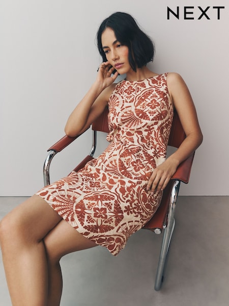 Rust Brown Paisly Print Linen Scoop Back Mini Shift Dress (AW4031) | €28