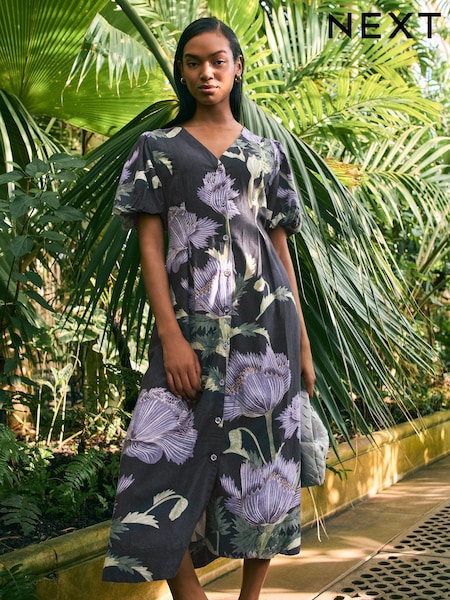 Kew Collection Navy Floral Button Down Puff Sleeve Midi Dress with Linen (AW4033) | $94