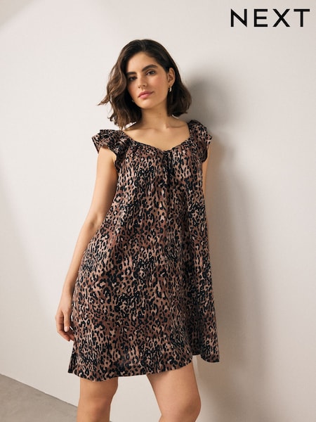 Animal Leopard Print V-Neck Ruffle Sleeve Mini Dress with Linen (AW4034) | €30