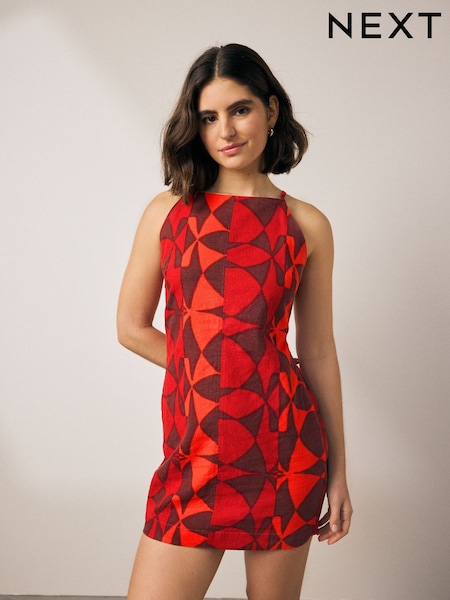 Red and Black Geo Print Mini Sleeveless Racer Stretch Linen Blend Dress (AW4036) | €38