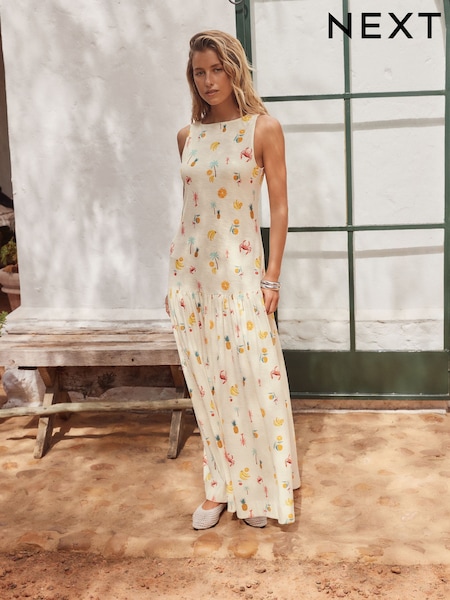 Ecru Tropical Print Sleeveless Drop Waist 100% Cotton Crew Neck Midi Dress (AW4037) | €38