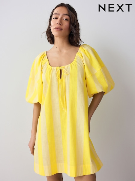 Keltainen Raita - 100% Cotton Puff Sleeve Tie Front Mini Dress (AW4040) | €42
