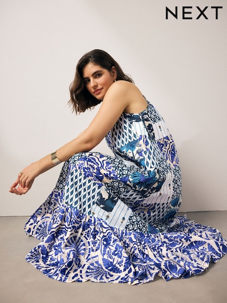 Ecru/Blue Tile Print 100% Cotton Strappy Tiered Midi Dress (AW4044) | 211 QAR
