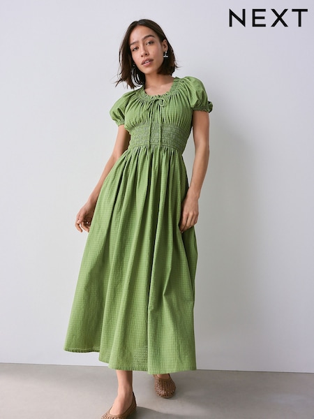 Olive Green Puff Sleeve Seersucker Midi Summer Dress (AW4046) | €52