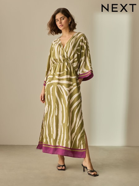 Green/Cream Zebra Print V-Neck Kaftan Maxi Dress (AW4047) | €60