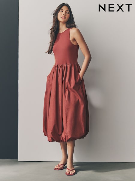 Rust Orange Sleeveless Racer Puffball 100% Cotton Midi Dress (AW4056) | €54