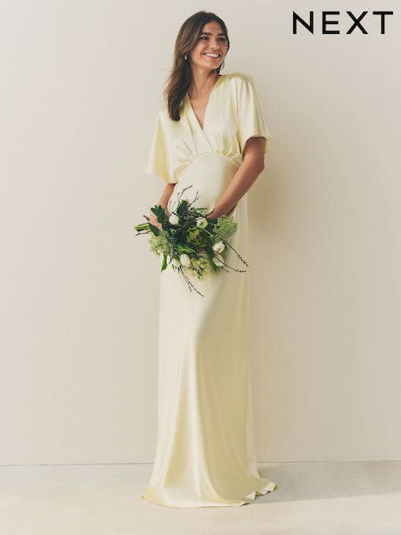 Pastellgelb - Brautjungfern-Maxikleid aus Satin mit Flügelärmeln (AW4058) | 119 €