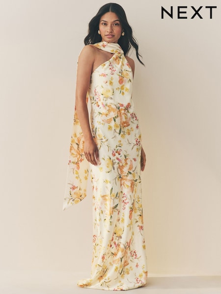 Gelb mit floralem Design - Brautjungfern-Maxikleid mit Ein-Schulter-Design und Schalkragen, Satin (AW4059) | 126 €