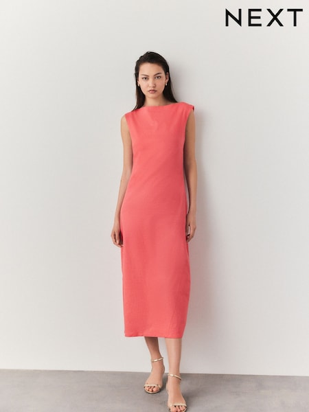 Coral Pink Boat Neck Maxi Linen Blend Dress (AW4060) | LEI 383