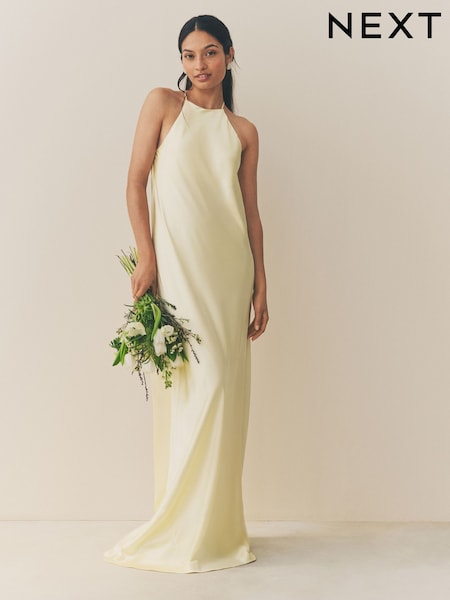 צהוב פסטל - High Neck Satin Maxi Dress (AW4061) | ‏207‏₪