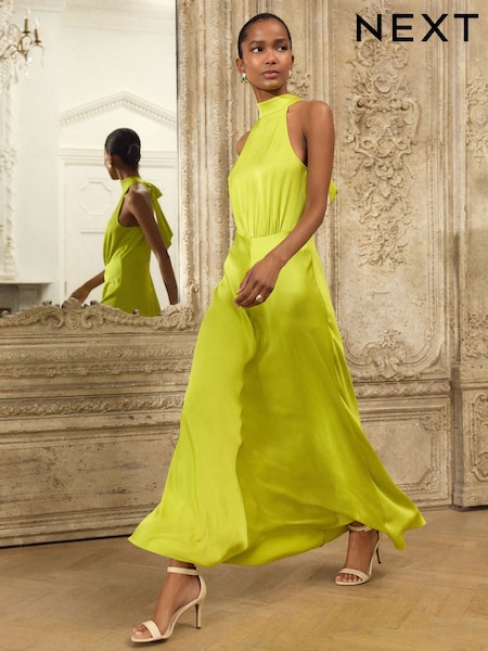 Салатовый - Textured Satin Halter Sleeveless Midi Dress (AW4064) | €59