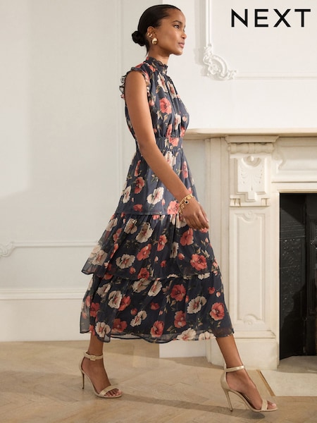 Темно-синий с цветочным принтом - Printed High Neck Tiered Occasion Maxi Dress (AW4065) | €41