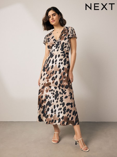 Brown Cow Animal Print Flutter Sleeve V-Neck Tie Waist Maxi Dress (AW4068) | 247 QAR