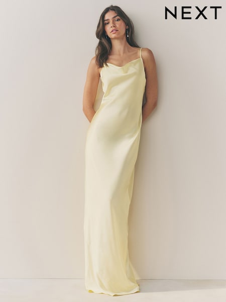 Pastellgelb - Brautjungfern-Maxikleid aus Satin mit Wasserfallausschnitt und V-Rücken (AW4069) | 97 €