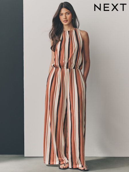 Brown/Cream Stripe - Sleeveless Wide Leg 100% Cotton Jumpsuit (AW4071) | 46 €