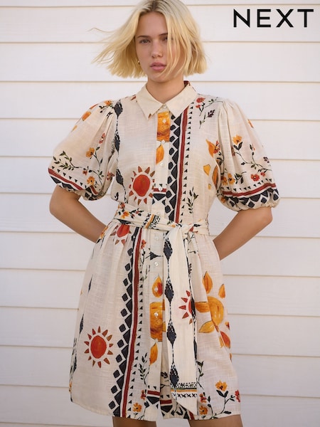 Ecru/Crem cu imprimeu soare - Puff Sleeve Tie Waist Mini Shirt Dress (AW4073) | 294 LEI