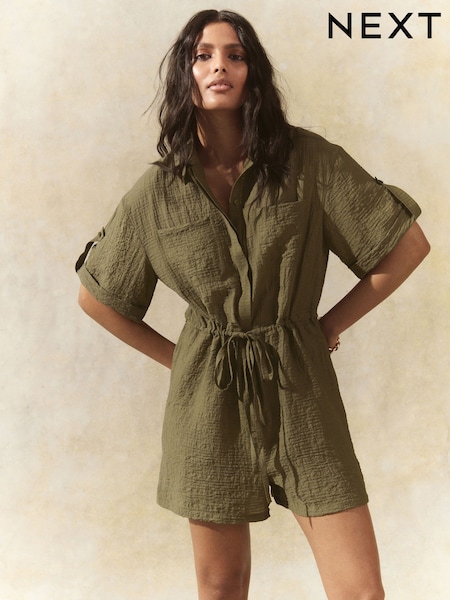 Khaki Vihreä - Lyhyt hiha Textured Utility Shortsihaalari (AW4074) | €42