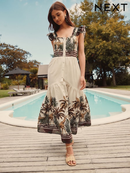 Светло-бежевый/Cream пальмовый принт - Flutter Sleeve Tie Back Tiered Maxi Boho Dress (AW4079) | €69