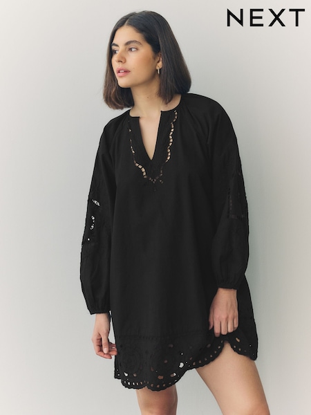 Black Long Sleeve Broderie Summer Mini Dress (AW4081) | R$ 520