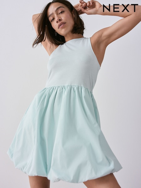 תכול - Puffball Hem Woven Jersey Mix 100% Cotton Mini Dress (AW4082) | ‏127‏₪