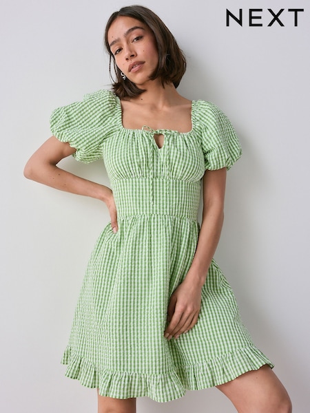 Green Gingham 100% Cotton Puff Sleeve Milkmaid Mini Dress (AW4083) | €45