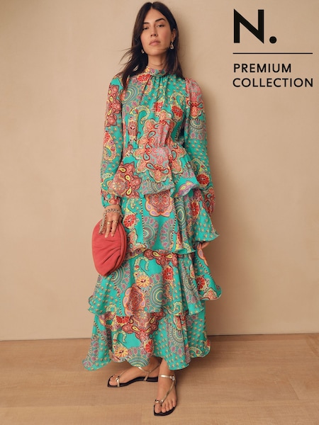 Bright Green Paisley Print N. Premium Long Sleeve Tiered Boho Occasion Maxi Dress (AW4087) | 440 QAR